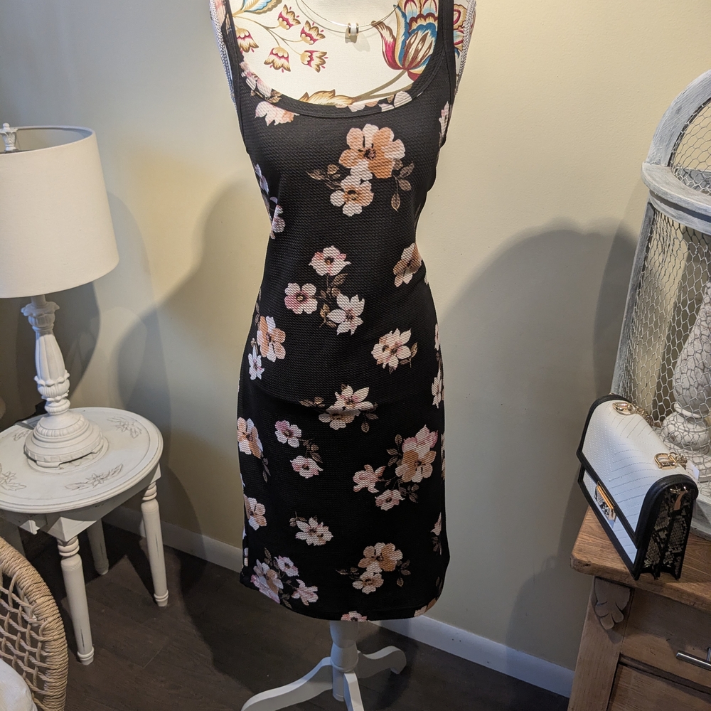 Dynamite Black Midi Dress with Pink Floral Design